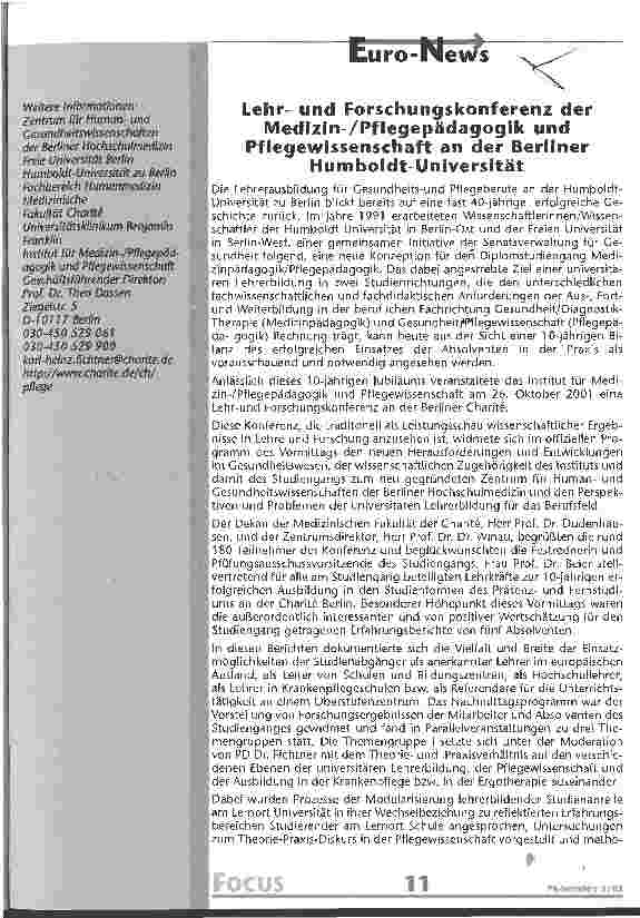 Vorschauseite 1: Lehrund Forschungskonferenz der Medizin-/Pflegepädagogik und Pflegewissenschaft an der Berliner Humboldt-Universität