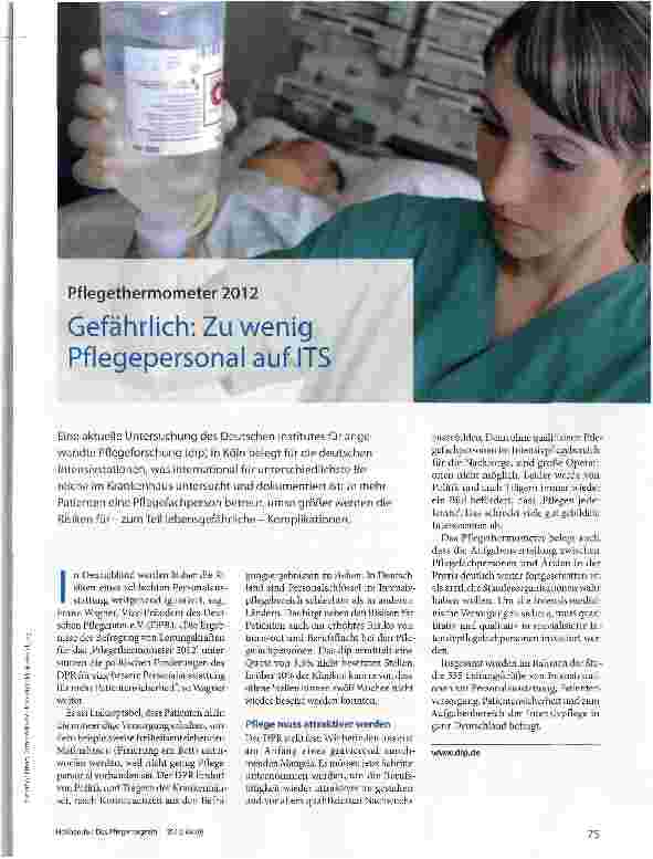 Vorschauseite 1: Pflegethermometer 2012Gefährlich: Zu wenig Pflegepersonal auf ITS