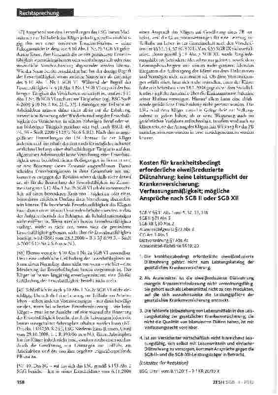 Vorschauseite 1: Kosten für krankheitsbedingt erforderliche eiweißreduzierte Diätnahrung; keine Leistungspflicht der Krankenversicherung; Verfassungsmäßigkeit; mögliche Ansprüche nach SCB II oder…