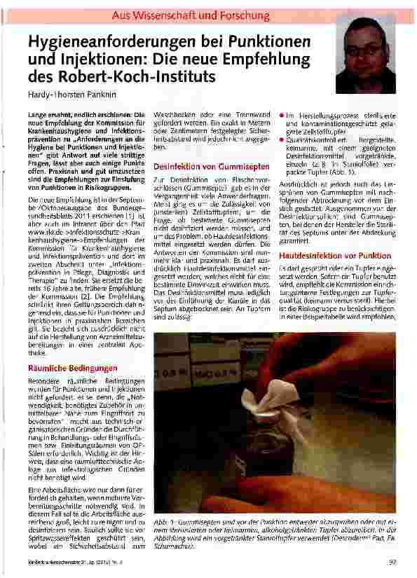Vorschauseite 1: Hygieneanforderungen bei Punktionen und Injektionen: Die neue Empfehlung des Robert-Koch-Instituts