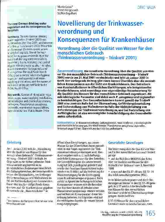Vorschauseite 1: Novellierung der Trinkwasserverordnung und Konsequenzen für Krankenhäuser