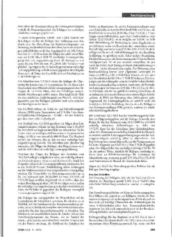 Vorschauseite 2: Übernahme der Kosten für Gebärdendolmetscher bei Besuch einer Berufsschule; Bundesagentur für Arbeit als zuständiger Rehabilitationsträger; Erstattungsanspruch des Integrationsamts