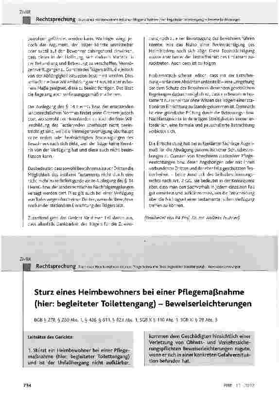 Vorschauseite 1: Sturz eines Heimbewohners bei einer Pflegemaßnahme (hier: begleiteter Toilettengang) - Beweiserleichterungen BGB§ 278, § 280 Abs. 1, § 426, §611, § 823 Abs. 1;SGBX§ 116 Abs. 1;SGB…