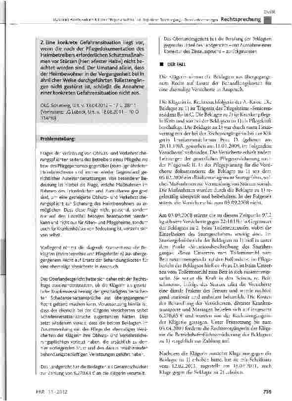 Vorschauseite 2: Sturz eines Heimbewohners bei einer Pflegemaßnahme (hier: begleiteter Toilettengang) - Beweiserleichterungen BGB§ 278, § 280 Abs. 1, § 426, §611, § 823 Abs. 1;SGBX§ 116 Abs. 1;SGB…