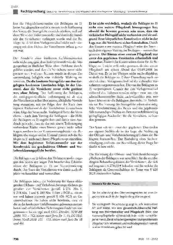 Vorschauseite 5: Sturz eines Heimbewohners bei einer Pflegemaßnahme (hier: begleiteter Toilettengang) - Beweiserleichterungen BGB§ 278, § 280 Abs. 1, § 426, §611, § 823 Abs. 1;SGBX§ 116 Abs. 1;SGB…