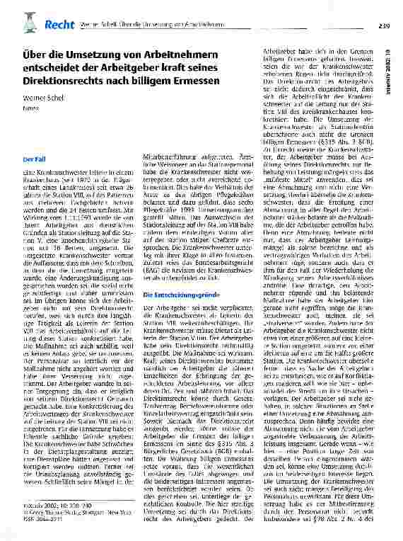 Vorschauseite 1: Über die Umsetzung von Arbeitnehmern entscheidet der Arbeitgeber kraft seines Direktionsrechts nach billigem Ermessen