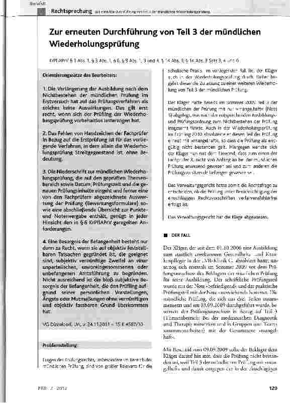 Vorschauseite 1: Zur erneuten Durchführung von Teil 3 der mündlichen Wiederholungsprüfung KrPflAPrV § 1 Abs. 1, § 3 Abs. 1, § 6, § 8 Abs. 1, 3 und 4, § 14 Abs. 1; § 14 Abs. 3 Satz 3, 4 und 6
