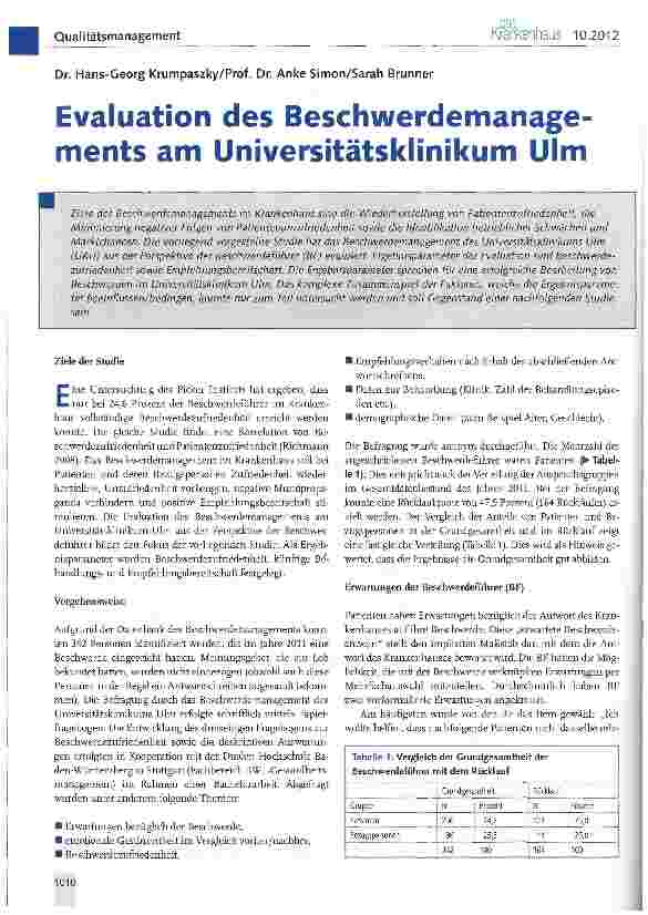 Vorschauseite 1: Evaluation des Beschwerdemanagements am Universitätsklinikum Ulm