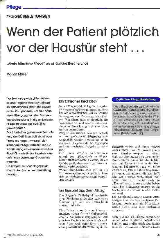 Vorschauseite 1: Wenn der Patient plötzlich vor der Haustür steht ... Akute häusliche Pflege als alltägliche Bescherung?