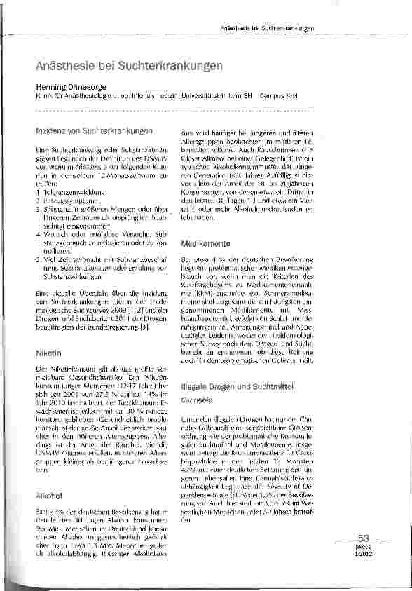 Vorschauseite 1: Anästhesie bei Suchterkrankungen