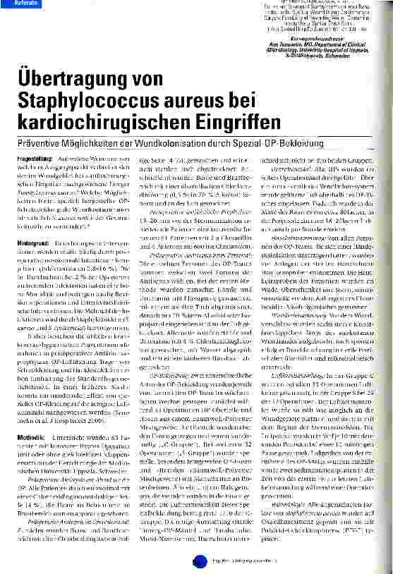 Vorschauseite 1: Übertragung von Staphylococcus aureus bei kariochirurgischen Eingriffen
