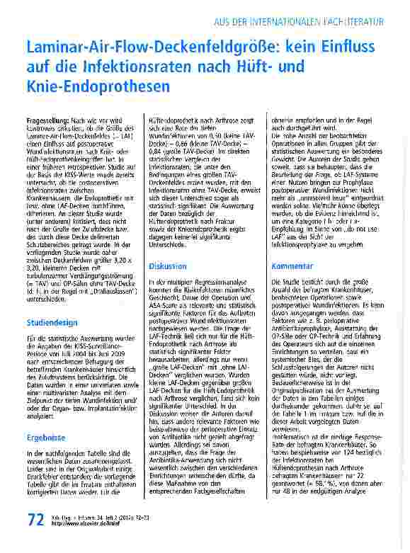 Vorschauseite 1: Laminar-Air-Flow-Deckenfeldgröße: kein Einfluss auf die Infektionsraten nach Hüftund Knie-Endoprothesen