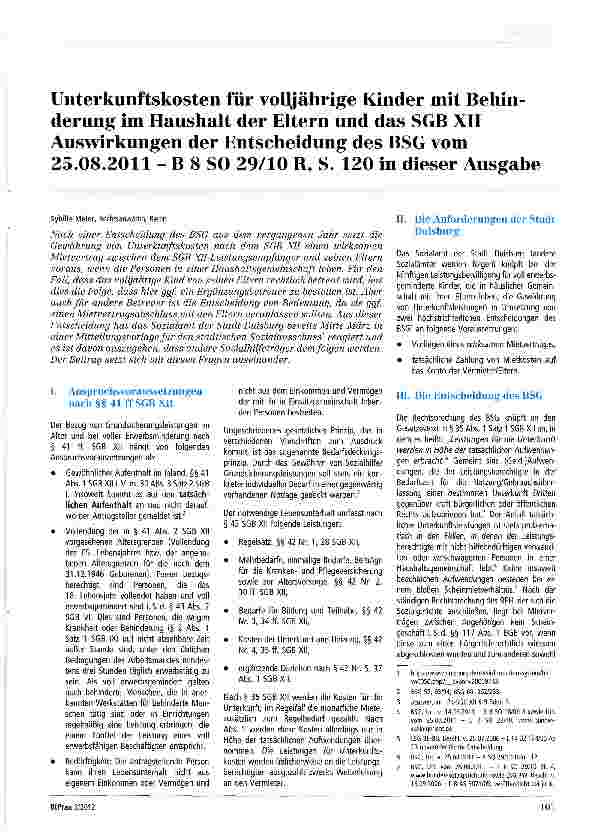 Vorschauseite 1: Unterkunftskosten für volljährige Kinder mit Behinderung im Haushalt der Eltern und das SGB XII Auswirkungen der Entscheidung des BSG vom 25.08.2011 - B 8 SO 29/10 R, S. 120 in di…