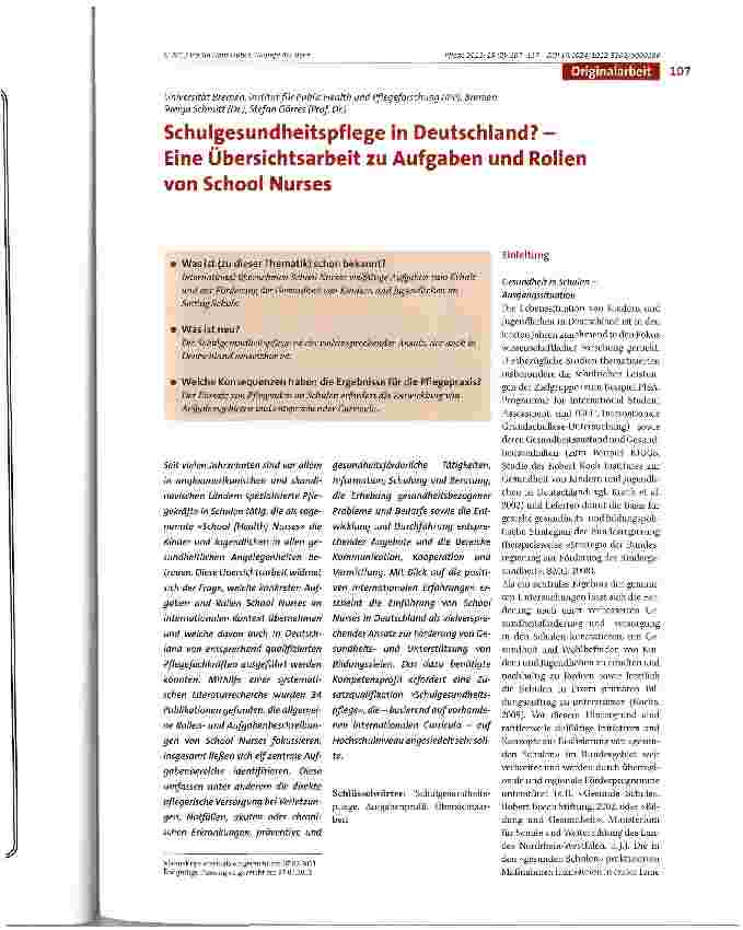 Vorschauseite 1: Schulgesundheitspflege in Deutschland? -Eine Übersichtsarbeit zu Aufgaben und Rollen von School Nurses