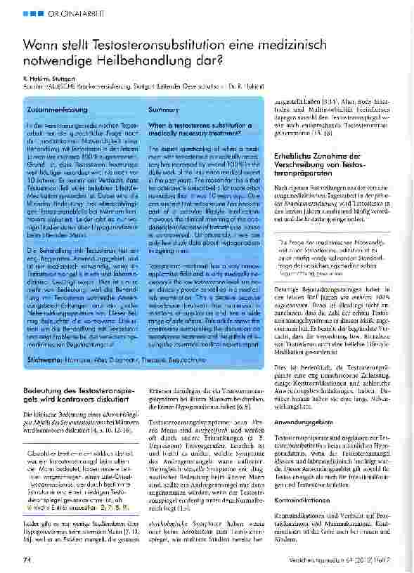 Vorschauseite 1: Wann stellt Testosteronsubstitution eine medizinisch notwendige Heilbehandlung dar?