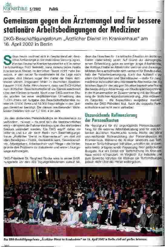 Vorschauseite 1: Gemeinsam gegen den Ärztemangel und für bessere stationäre Arbeitsbedingungen der Mediziner DKD-Beschäftigungsforum Ärztlicher Dienst im Krankenhaus am 16. April 2002 in Berlin