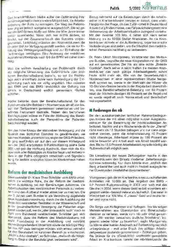 Vorschauseite 2: Gemeinsam gegen den Ärztemangel und für bessere stationäre Arbeitsbedingungen der Mediziner DKD-Beschäftigungsforum Ärztlicher Dienst im Krankenhaus am 16. April 2002 in Berlin