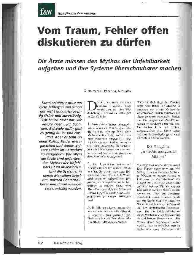 Vorschauseite 1: Vom Traum, Fehler offen diskutieren zu dürfen Die Ärzte müssen den Mythos der Unfehlbarkeit aufgeben und ihre Systeme überschaubarer machen