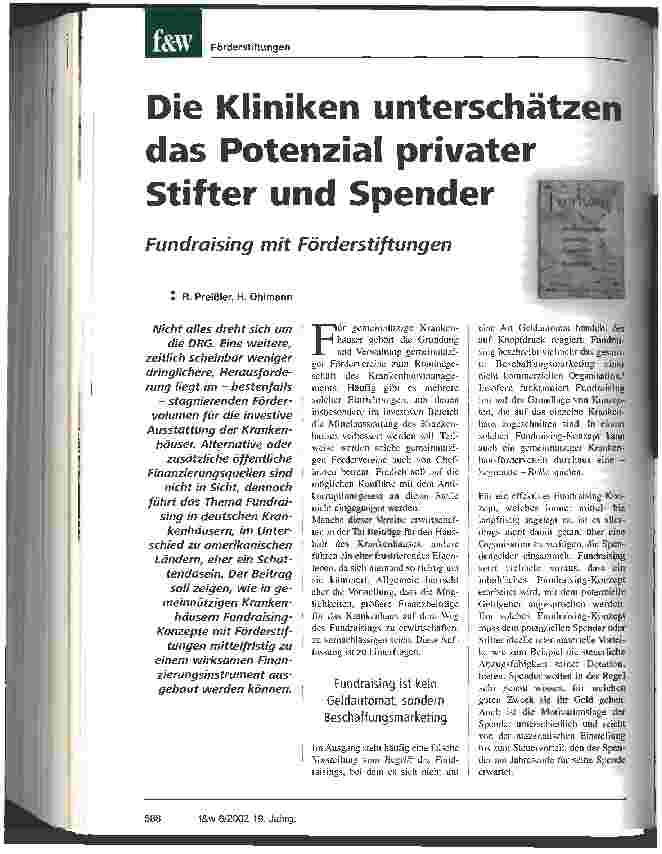 Vorschauseite 1: Die Kliniken unterschätzen das Potenzial privater Stifter und Spender Fundraising mit Förderstiftungen