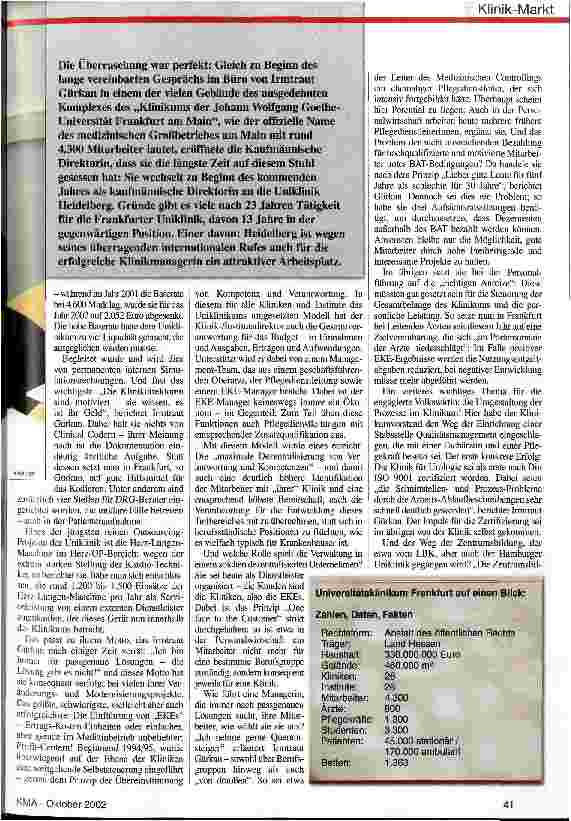 Vorschauseite 2: Mit BAT und VBL ist die Zukunft eines Uniklinikums stark gefährdet! KMA-Manager-Gespräch: Irmtraut Gürkan, Kaumännische Direktorin des Universitätsklinikums Frankfurt/Main