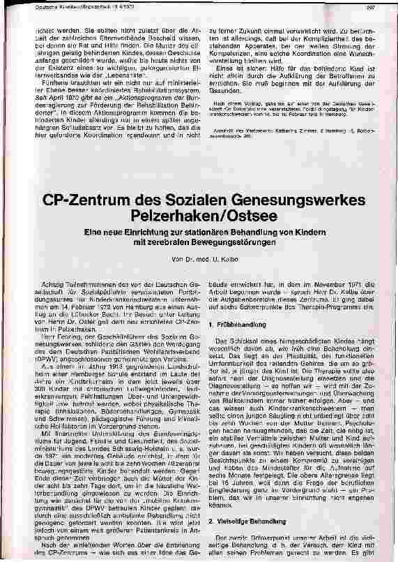 Vorschauseite 1: CP-Zentrum des Sozialen Genesungswerkes Pelzerhaken/Ostsee Eine neue Einrichtung zur stationären Behandlung von Kindern