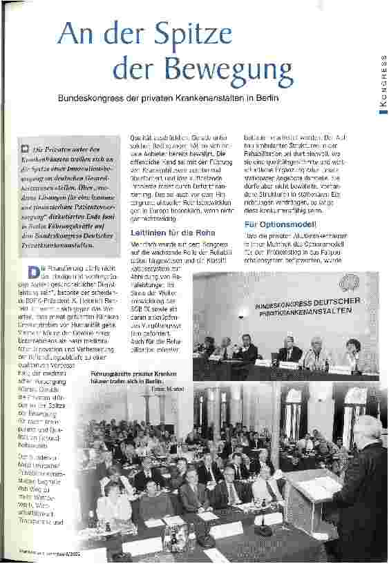 Vorschauseite 1: An der Spitze der Bewegung Bundeskongress der privaten Krankenanstalten in Berlin