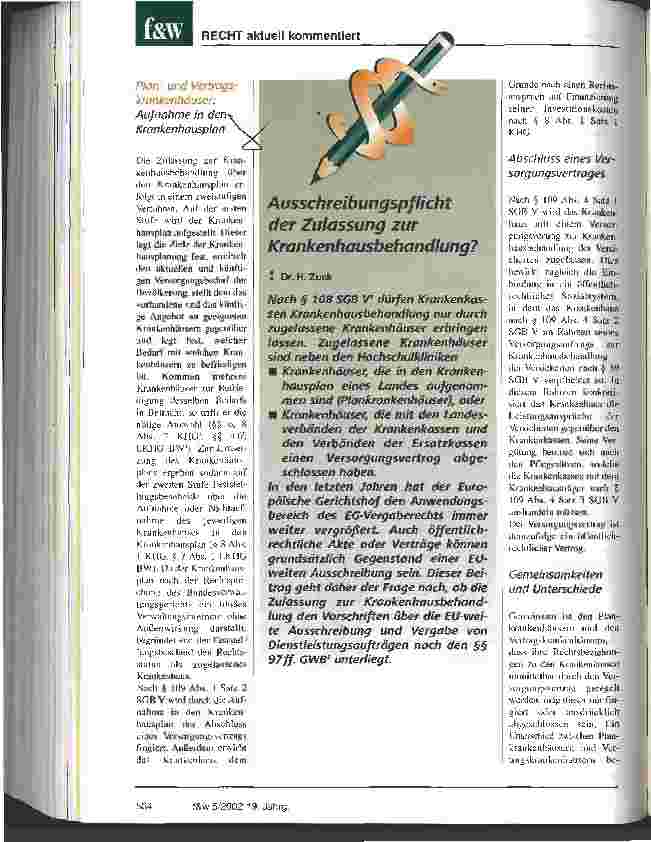 Vorschauseite 1: Ausschreibungspflicht der Zulassung zur Krankenhausbehandlung?