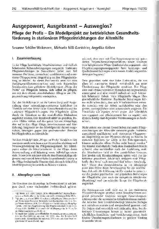 Vorschauseite 1: Ausgepowert, Ausgebrannt - Ausweglos? Pflege der Profis - Ein Modellprojekt zur betrieblichen Gesundheitsförderung in stationären Pflegeeinrichtungen der Altenhilfe