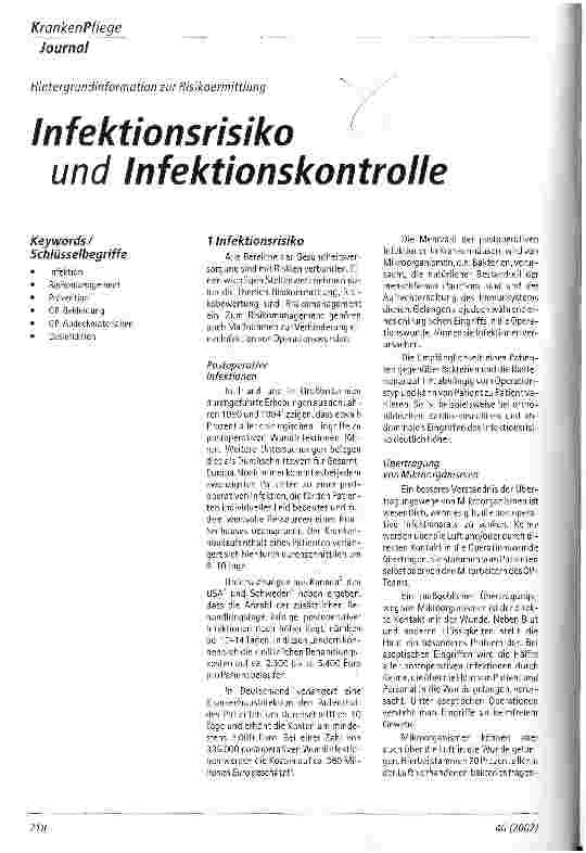 Vorschauseite 1: Infektionsrisiko und Infektionskontrolle Hintergrundinformation zur Risikoermittlung