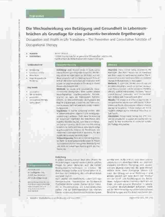 Vorschauseite 1: Die Wechselwirkung von Betätigung und Gesundheit in Lebensumbrüchen als Grundlage für eine präventiv-beratende Ergotherapie