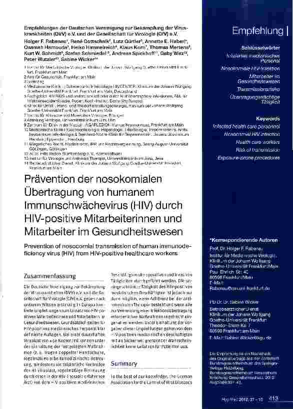 Vorschauseite 1: Prävention der nosokomialen Übertragung von humanem Immunschwächevirus (HIV) durch HIV-positive Mitarbeiterinnen und Mitarbeiter im Gesundheitswesen