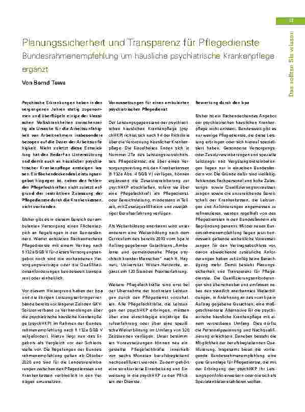 Vorschauseite 1: Planungssicherheit und Transparenz für Pflegedienste: Bundesrahmenempfehlung um häusliche psychiatrische Krankenpflege ergänzt.