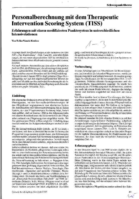 Vorschauseite 1: Personalberechnung mit dem Therapeutic Intervention Scoring System (TISS) Erfahrungen mit einem modifizierten Punktesystem in verschiedenen Intensivstationen.