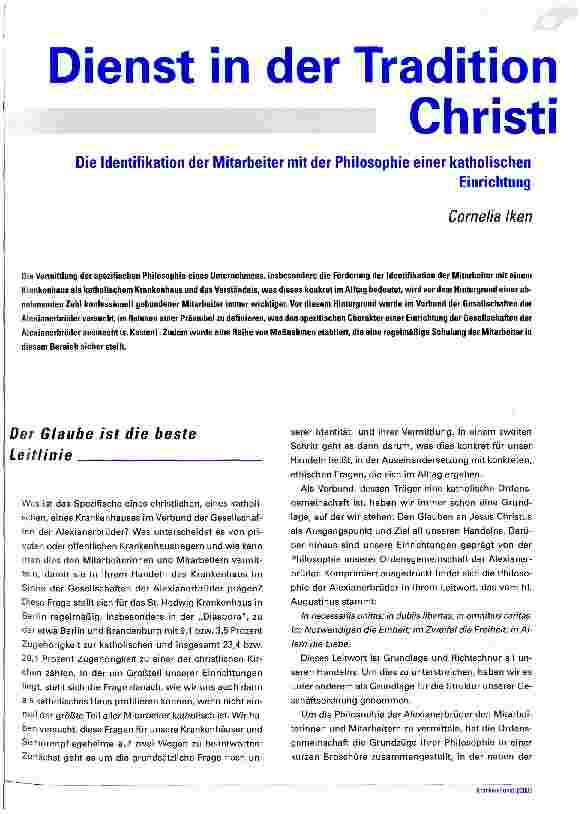Vorschauseite 1: Dienst in der Tradition Christi Die Identifikation der Mitarbeiter mit der Philosophie einer katholischen Einrichtung