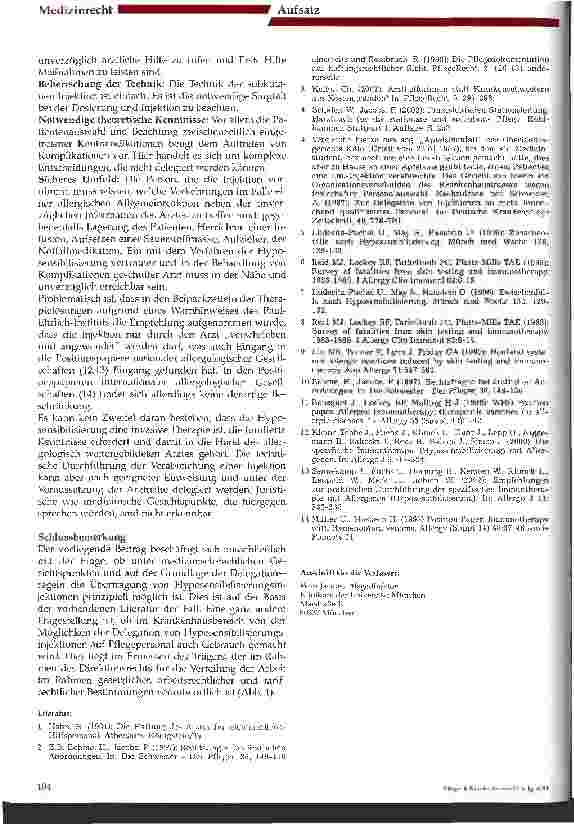 Vorschauseite 5: Zur Frage der Delegationsfähigkeit von Hyposensibilisierungsinjektionen auf nichtärztliches Personal
