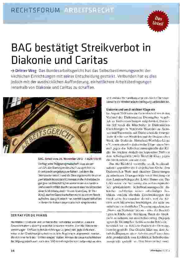 Vorschauseite 1: BAC bestätigt Streikverbot in Diakonie und Caritas