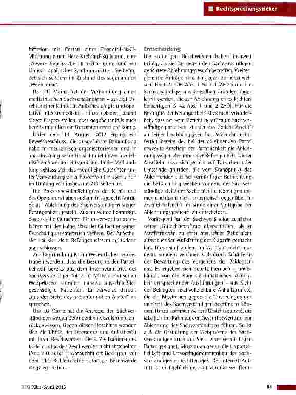 Vorschauseite 2: Ablehnung eines Sachverständigen in einem Arzthaftungsprozess OLG Koblenz vom 24. 1. 2013 (4 W 645/12)