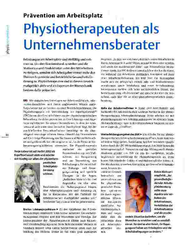 Vorschauseite 1: Prävention am Arbeitsplatz Physiotherapeuten als Unternehmensberater