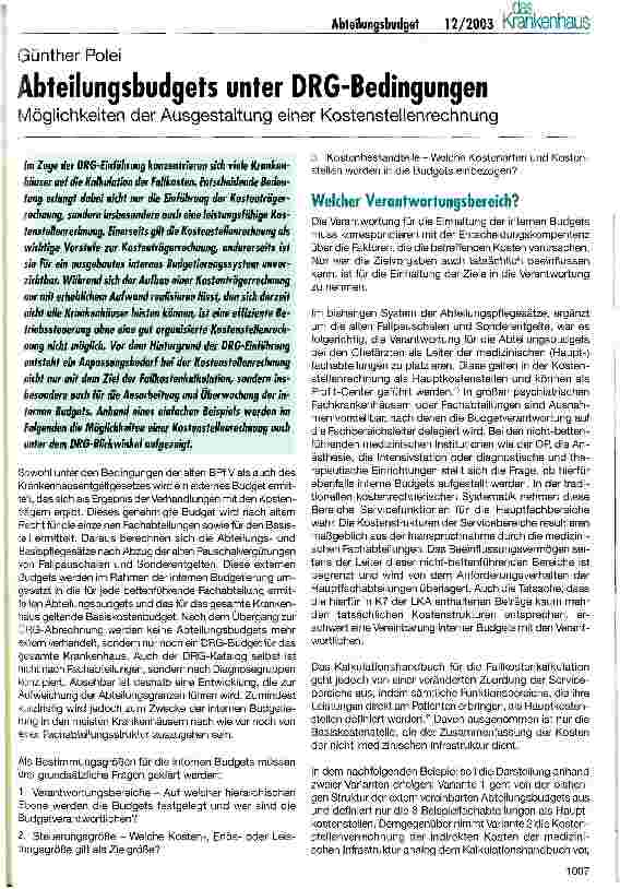 Vorschauseite 1: Abteilungsbudgets unter DRG-Bedingungen Möglichkeiten der Ausgestaltung einer Kostenstellenrechnung