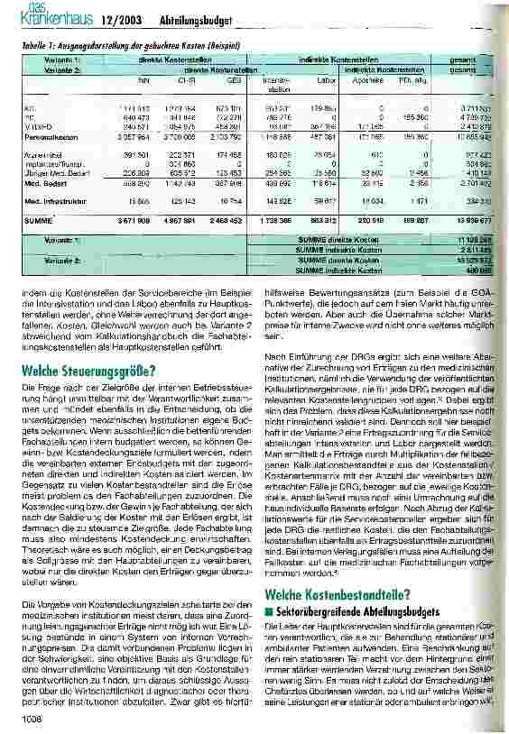 Vorschauseite 2: Abteilungsbudgets unter DRG-Bedingungen Möglichkeiten der Ausgestaltung einer Kostenstellenrechnung