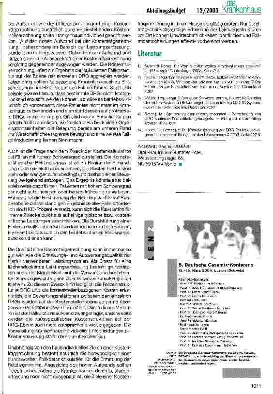 Vorschauseite 5: Abteilungsbudgets unter DRG-Bedingungen Möglichkeiten der Ausgestaltung einer Kostenstellenrechnung