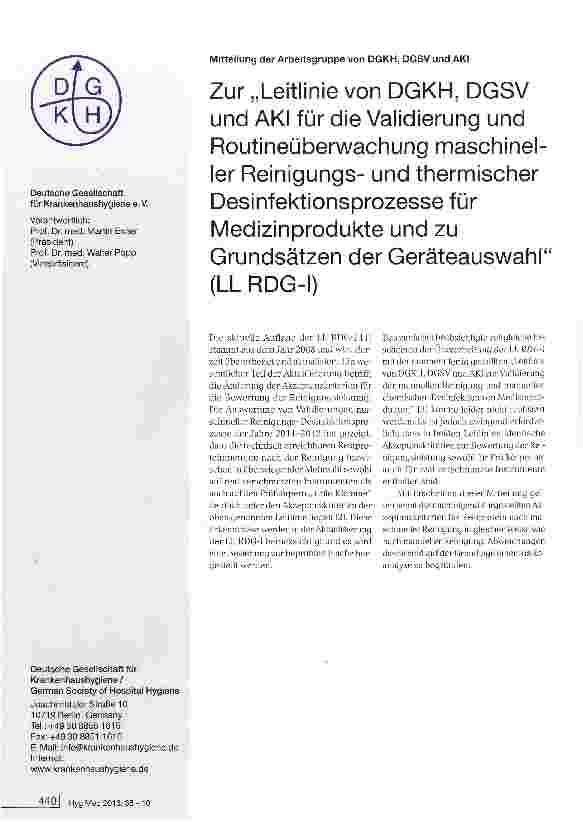 Vorschauseite 1: Zur „Leitlinie von DGKH, DGSV und AKI für die Validierung und Routineüberwachung maschineller Reinigungsund thermischer Desinfektionsprozesse für Medizinprodukte und zu Grundsätze…