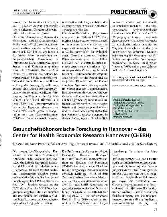 Vorschauseite 1: Gesundheitsökonomische Forschung in Hannover-das Center for Health Economics Research Hannover (CHERH)