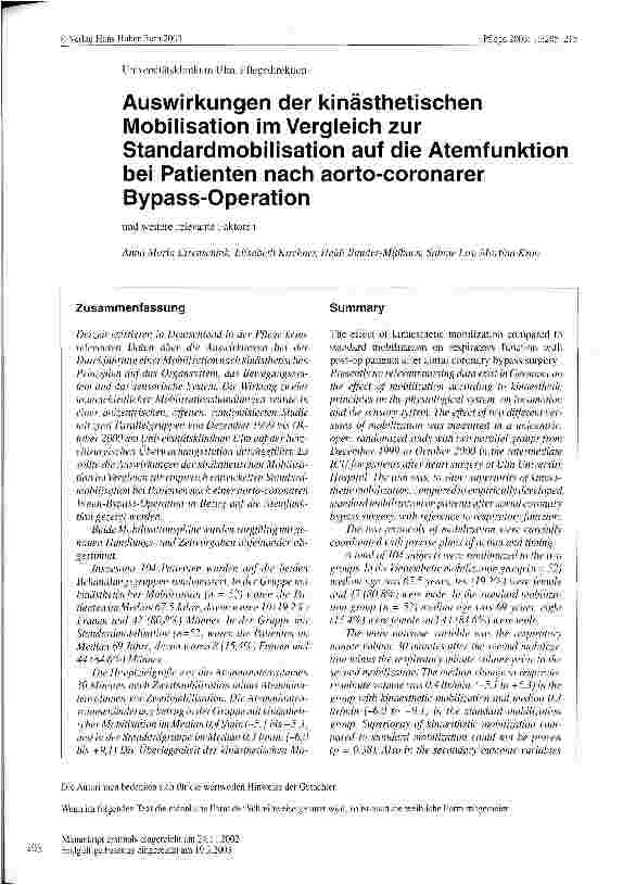 Vorschauseite 1: Auswirkungen der kinästhetischen Mobilisation im Vergleich zur Standardmobilisation auf die Atemfunktion bei Patienten nach aorto-coronarer Bypass-Operation