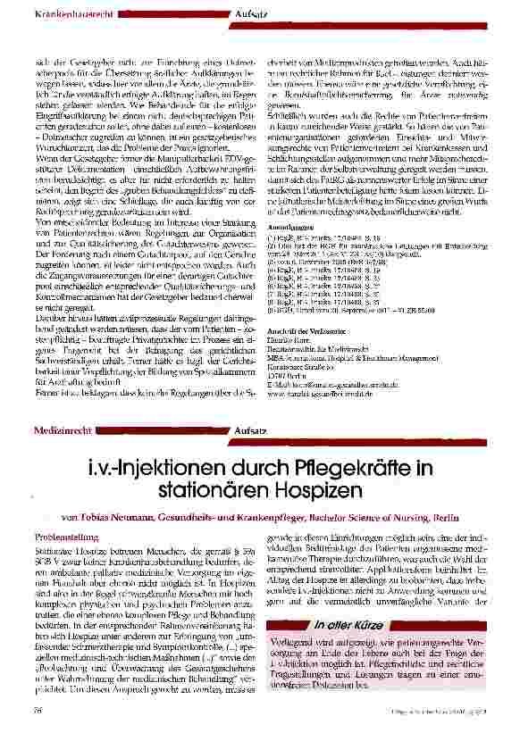 Vorschauseite 1: i.v.-lnjektionen durch Pflegekräfte in stationären Hospizen