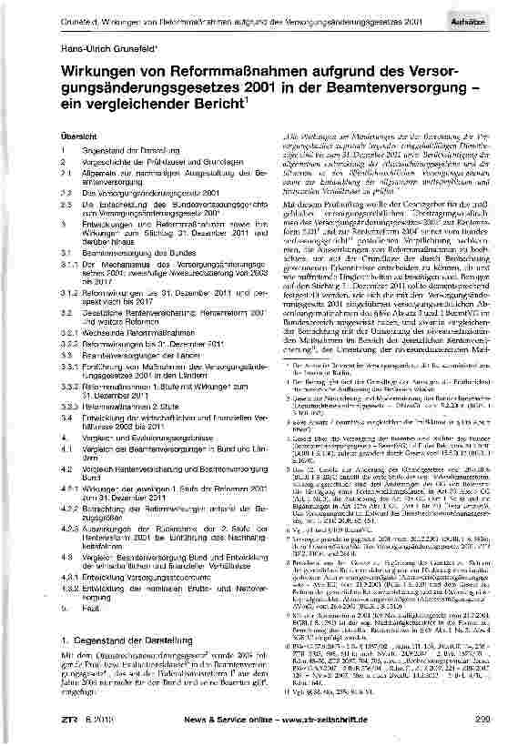 Vorschauseite 1: Wirkungen von Reformmaßnahmen aufgrund des Versorgungsänderungsgesetzes 2001 in der Beamtenversorgung -ein vergleichender Bericht