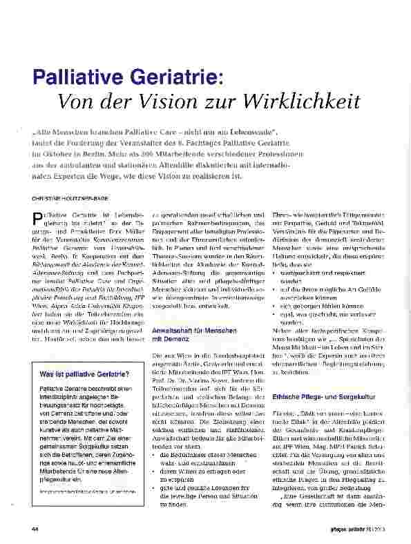 Vorschauseite 1: Palliative Geriatrie: Von der Vision zur Wirklichkeit