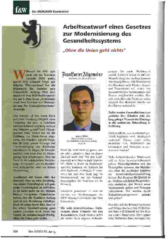 Vorschauseite 1: Arbeitsentwurf eines Gesetzes zur Modernisierung des Gesundheitssystems Ohne die Union geht nichts