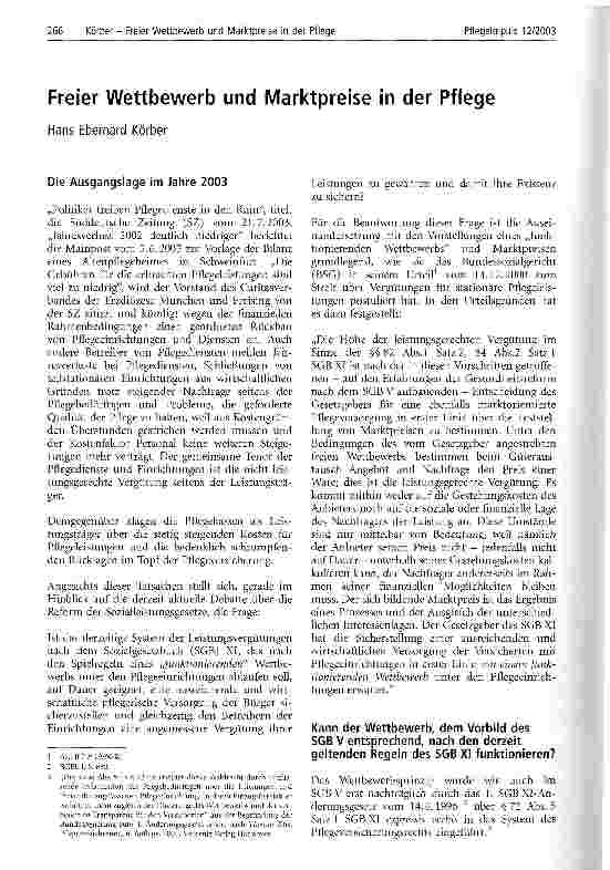 Vorschauseite 1: Freier Wettbewerb und Marktpreise in der Pflege