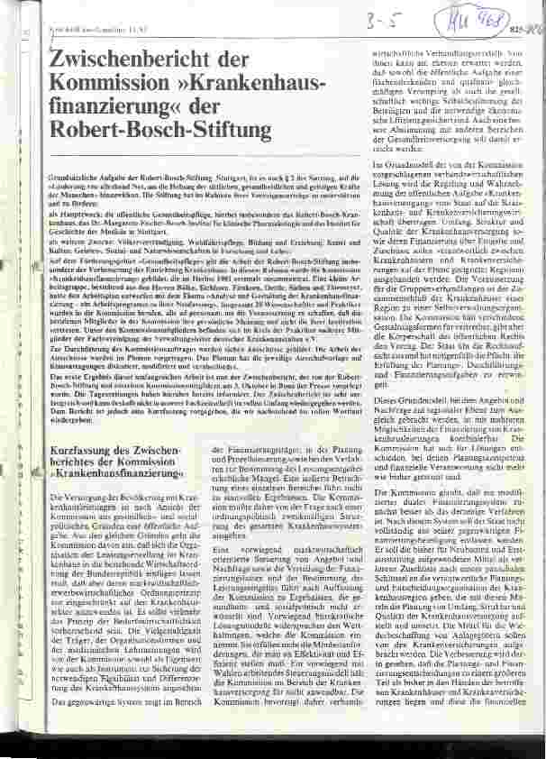 Vorschauseite 1: Zwischenbericht der Kommission Krankenhausfianzierung der Robert-Bosch-Stiftung